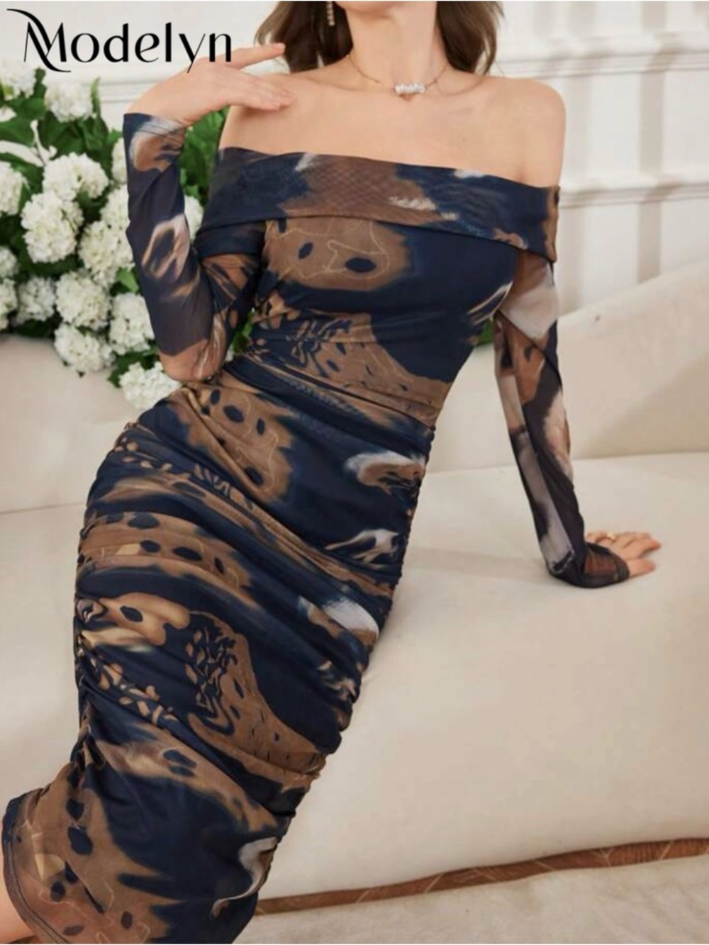 Off-Shoulder Navy and Brown Ruched Midi Dress